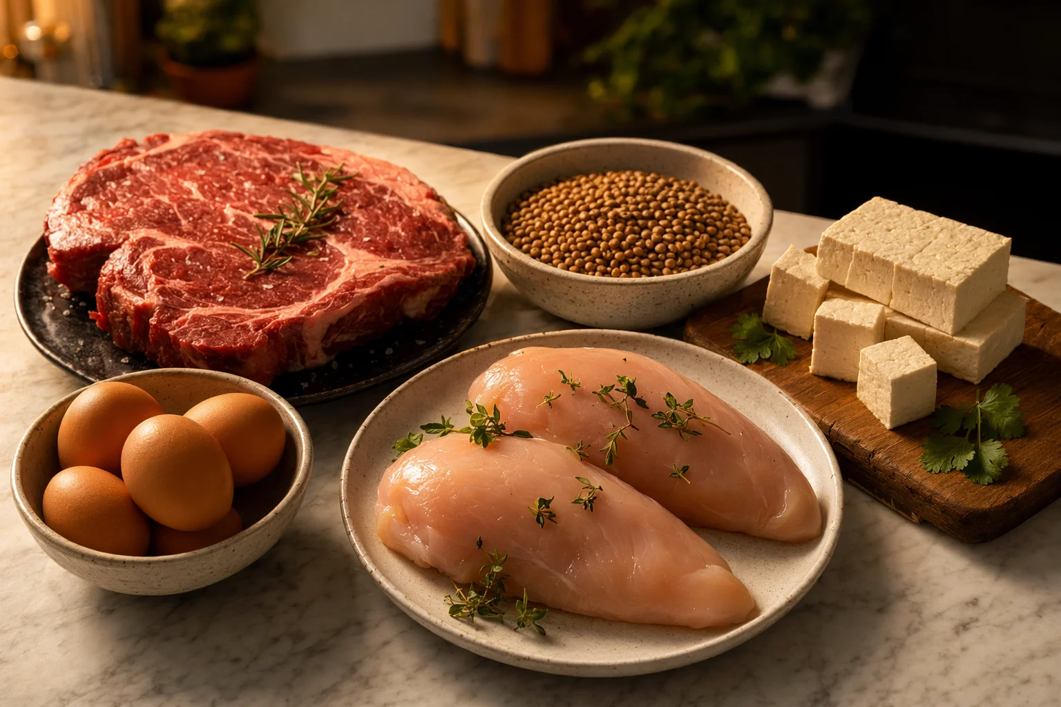 Auswahl proteinreicher Lebensmittel wie Eier, Fleisch, Bohnen und Quinoa auf einem Holztisch