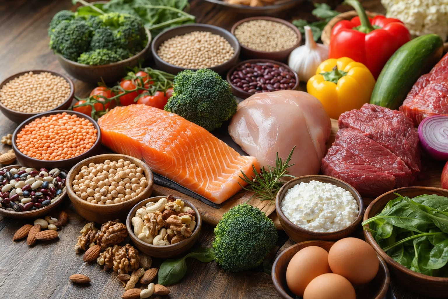 Bunte Vielfalt an proteinreichen Lebensmitteln auf einer Küchenarbeitsplatte mit natürlichem Licht