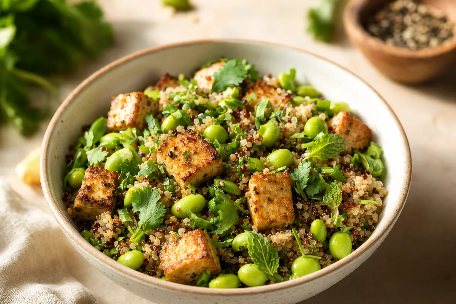 Schüssel mit Quinoa, Tofu und Edamame als pflanzenbasiertes Proteingericht