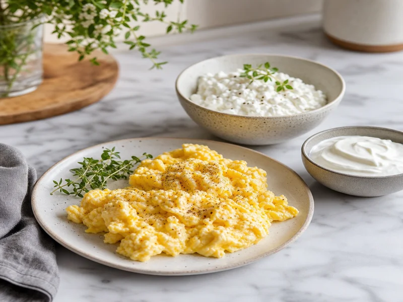 Plate of scrambled eggs, Greek yogurt and cottage cheese arranged as a high-protein breakfast spread