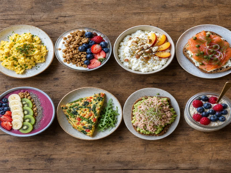 Eight high-protein breakfast bowls and plates arranged in a grid on a wooden table