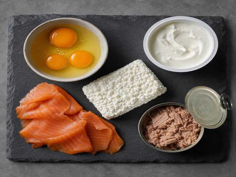 Top-down view of protein sources: eggs, Greek yogurt, cottage cheese, smoked salmon, and tuna