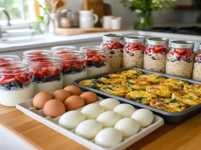 Sunday meal prep spread: hard-boiled eggs, egg muffins, Greek yogurt jars and overnight oats