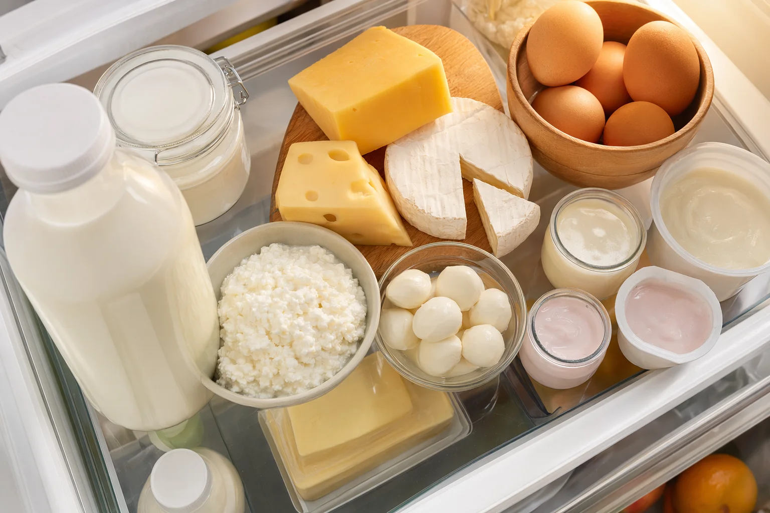 Milchprodukte wie Milch, Käse und Eier, auf einem Kühlschrankregal angeordnet