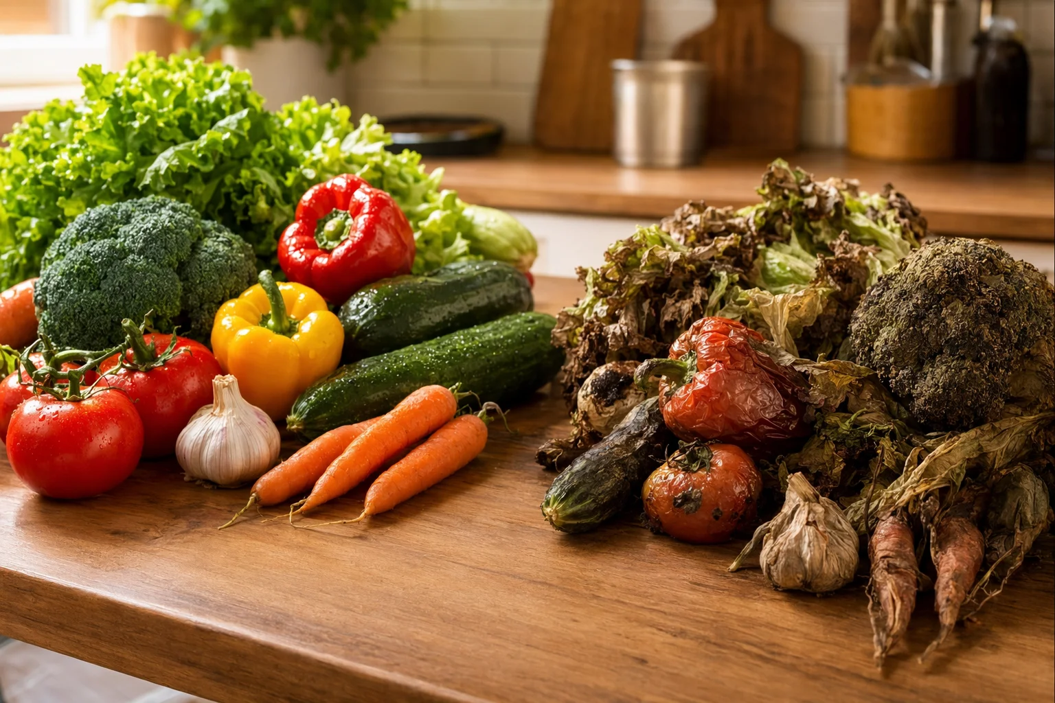 Nahaufnahme von frischem und verdorbenem Obst und Gemüse im Vergleich auf einer Küchenarbeitsplatte