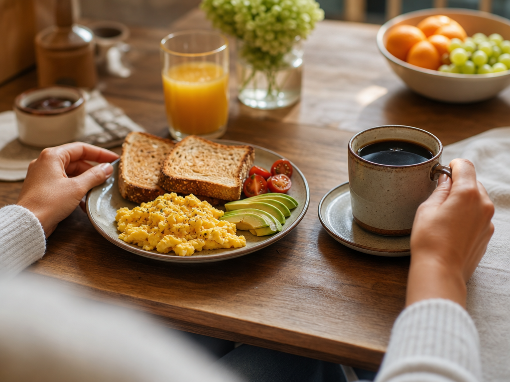 Scientific research documents and healthy breakfast foods arranged on a desk
