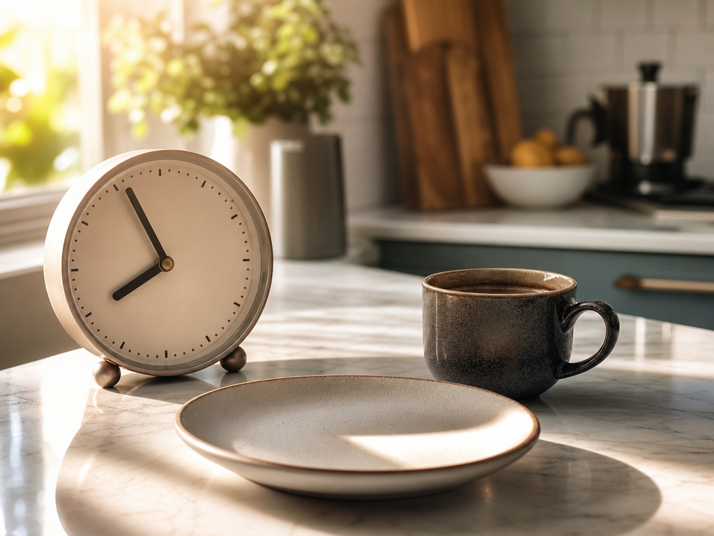 Clock showing morning time next to a cup of coffee and empty plate