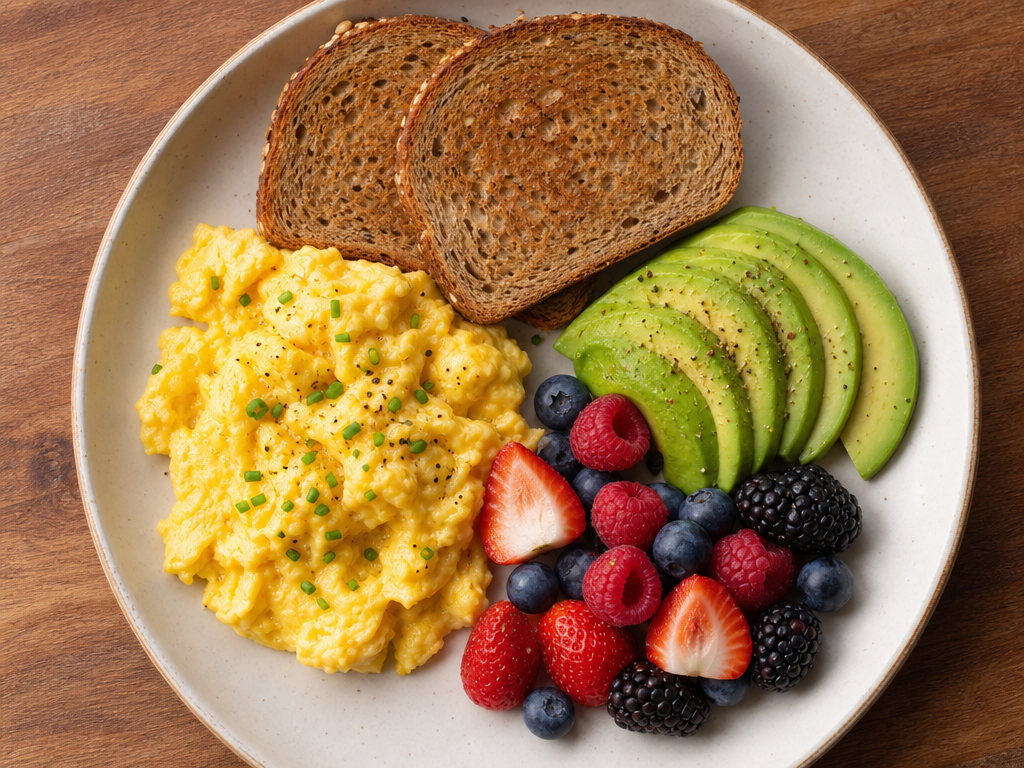 Balanced breakfast plate with eggs, whole grain toast, avocado, and berries