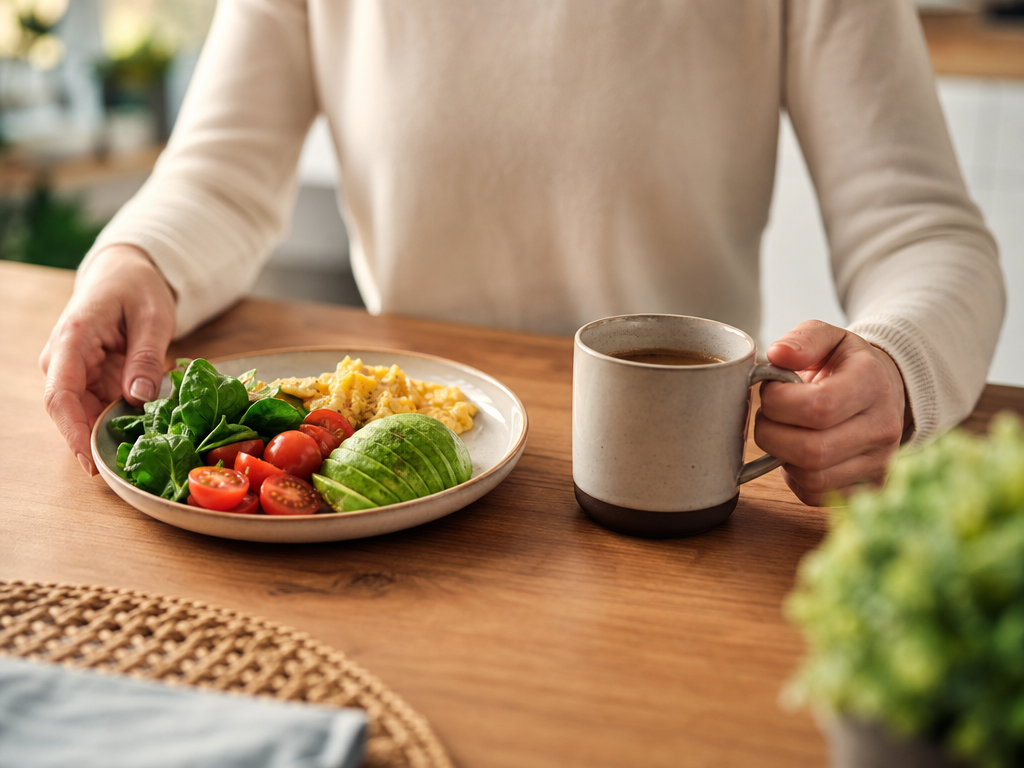 Person choosing between breakfast plate and coffee cup at a morning table setting, no faces