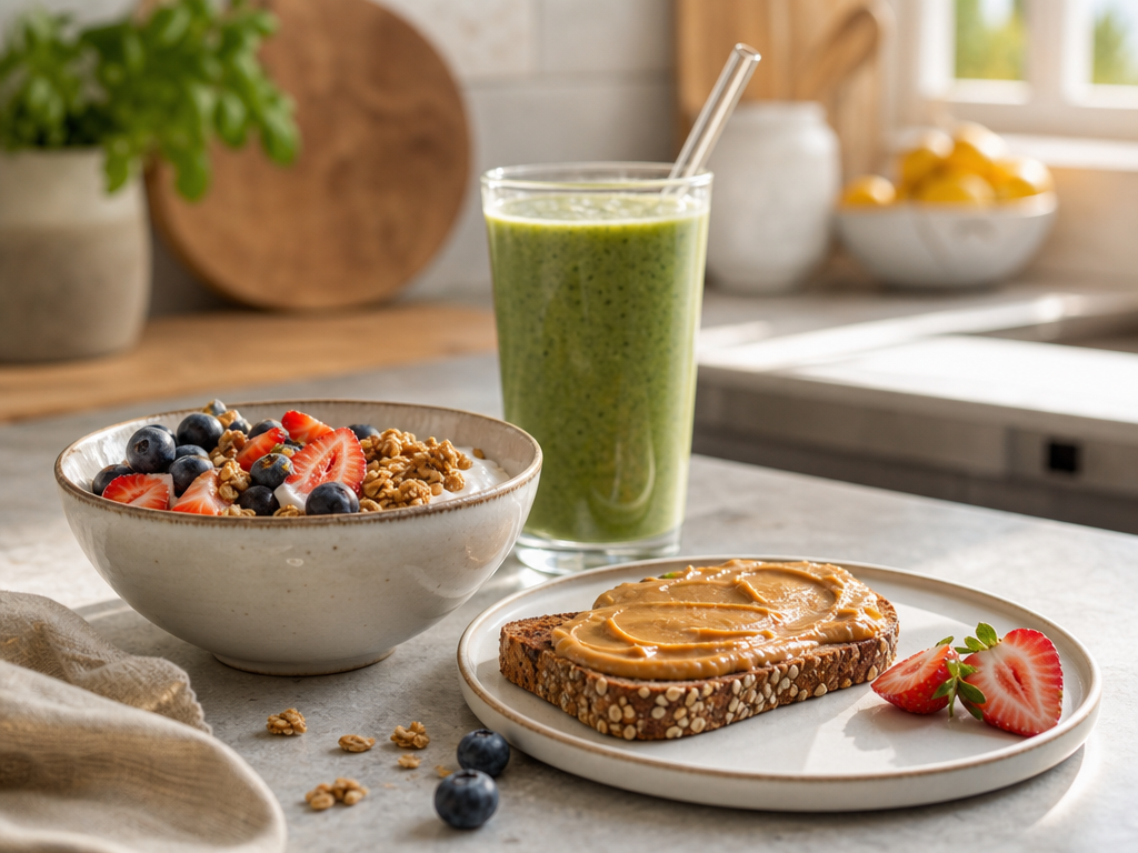 Quick breakfast spread with yogurt bowl, toast, and smoothie on a kitchen counter
