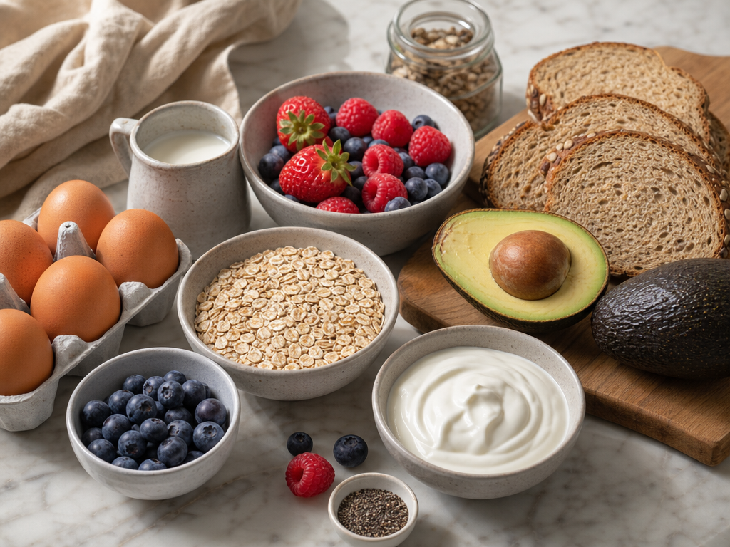 Healthy breakfast ingredients laid out on a counter with common myths overlaid concept