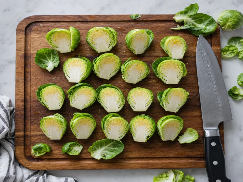 Halved fresh green Brussels sprouts on a wooden cutting board with a knife