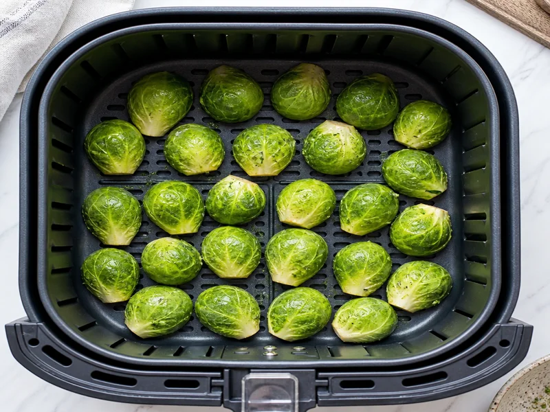 Halved Brussels sprouts arranged cut-side down in a single layer inside an air fryer basket