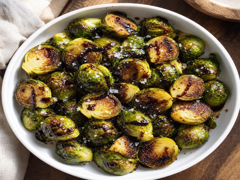 Crispy air fryer Brussels sprouts in a serving bowl finished with balsamic glaze and flaky salt