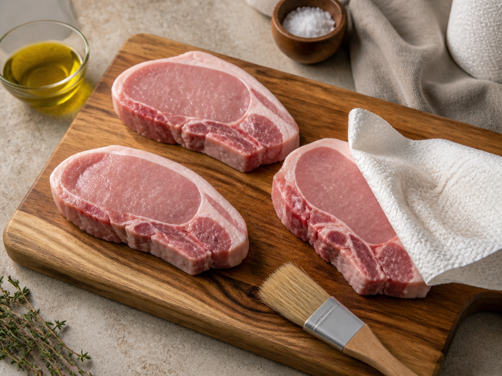 Raw pork chops being patted dry and brushed with olive oil on a cutting board