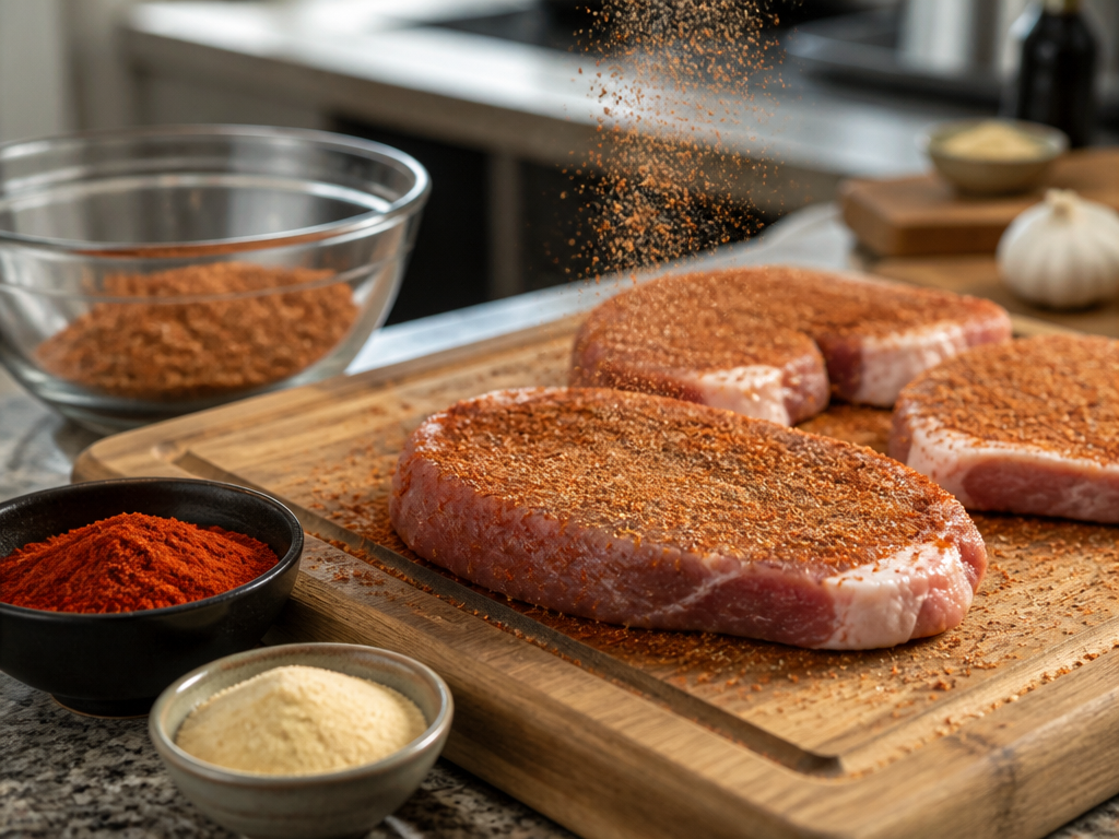 Dry spice rub being applied to both sides of raw pork chops