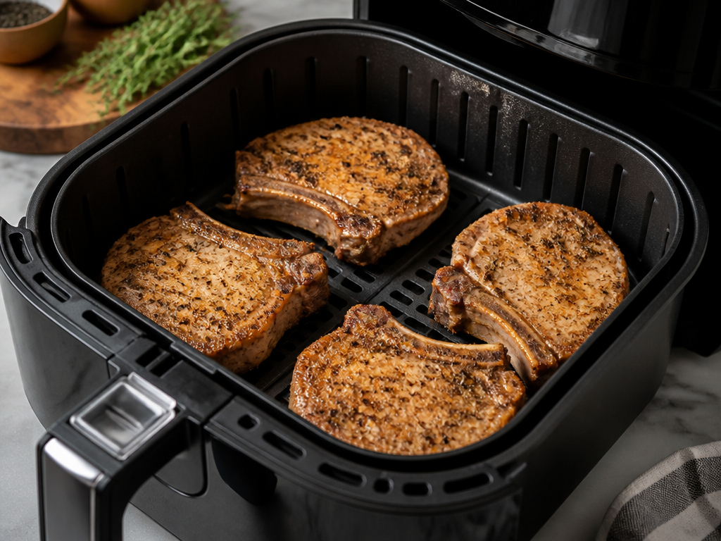 Seasoned pork chops arranged in air fryer basket with space between them