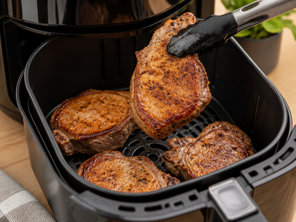 Pork chops being flipped halfway through cooking in the air fryer basket