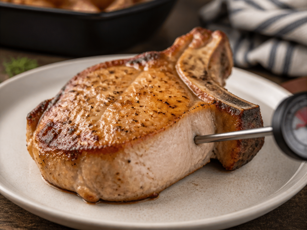 Meat thermometer reading 145°F in the thickest part of a cooked pork chop