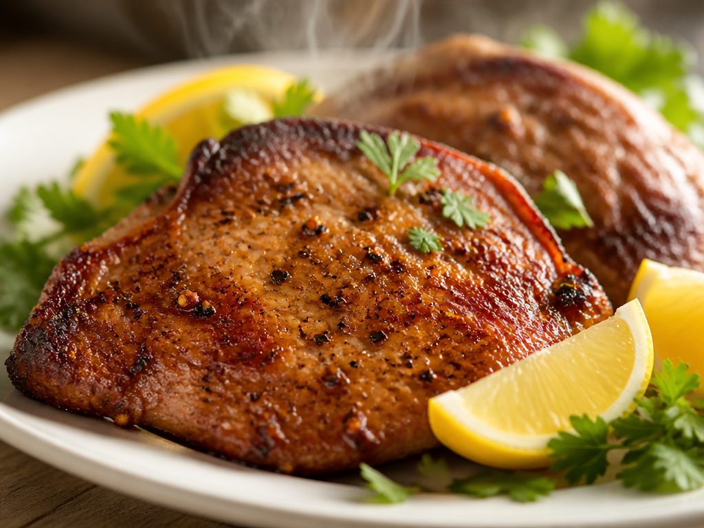 Golden brown air fryer pork chops plated with lemon wedges and parsley garnish