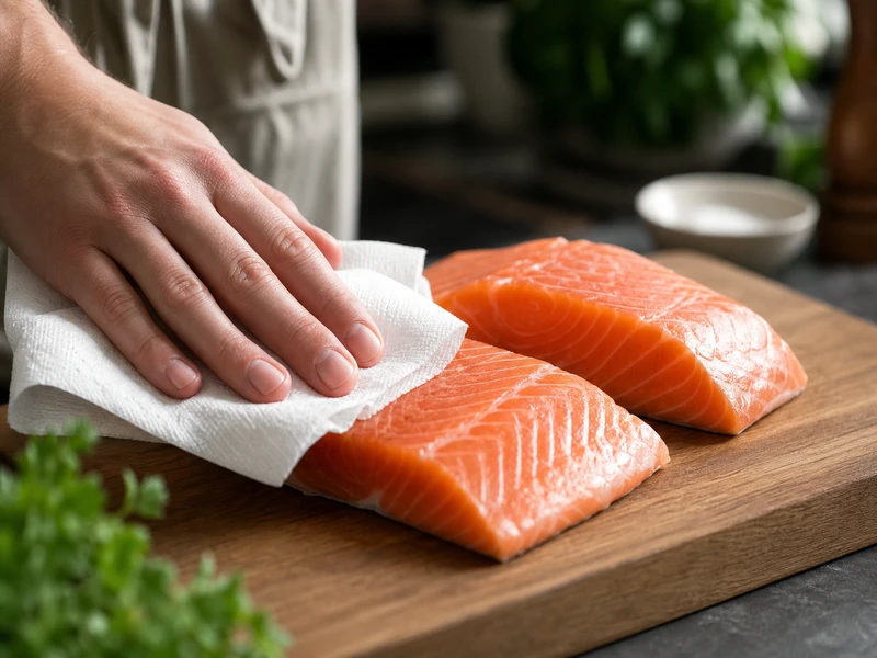 Patting salmon fillets dry with paper towels on cutting board