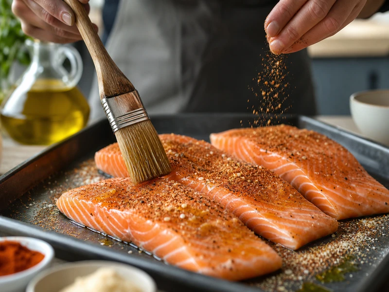 Brushing olive oil and seasoning on salmon fillets