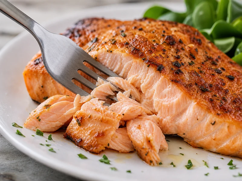 Checking salmon doneness with fork, flesh flaking easily