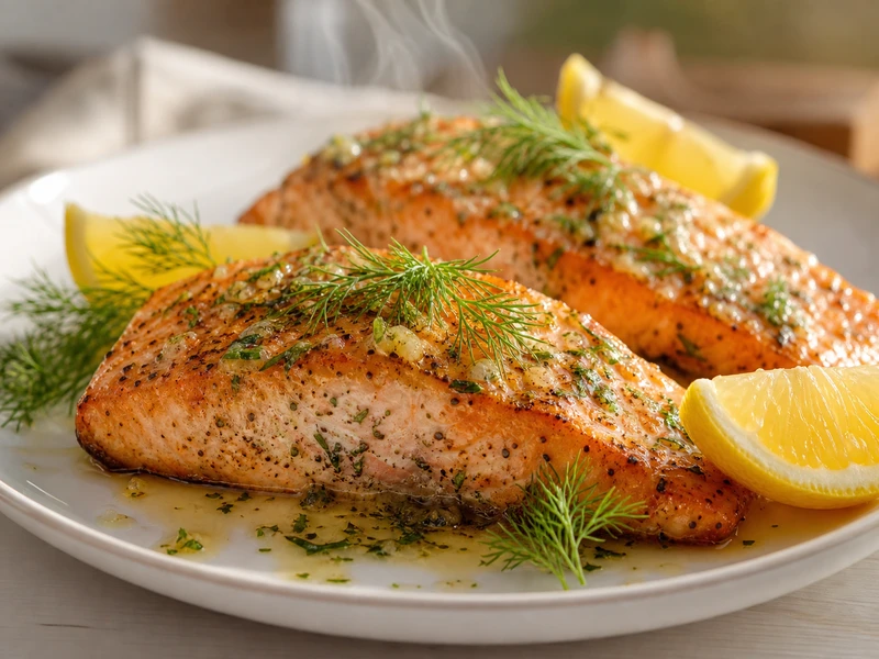 Finished air fryer salmon with lemon herb butter and fresh dill garnish