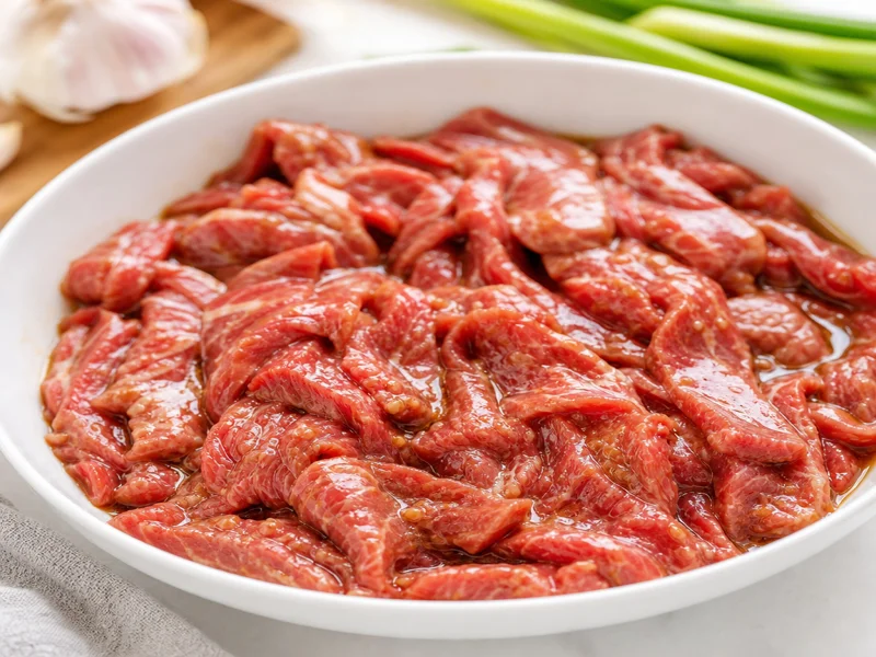 Thin slices of flank steak marinating in soy sauce and cornstarch