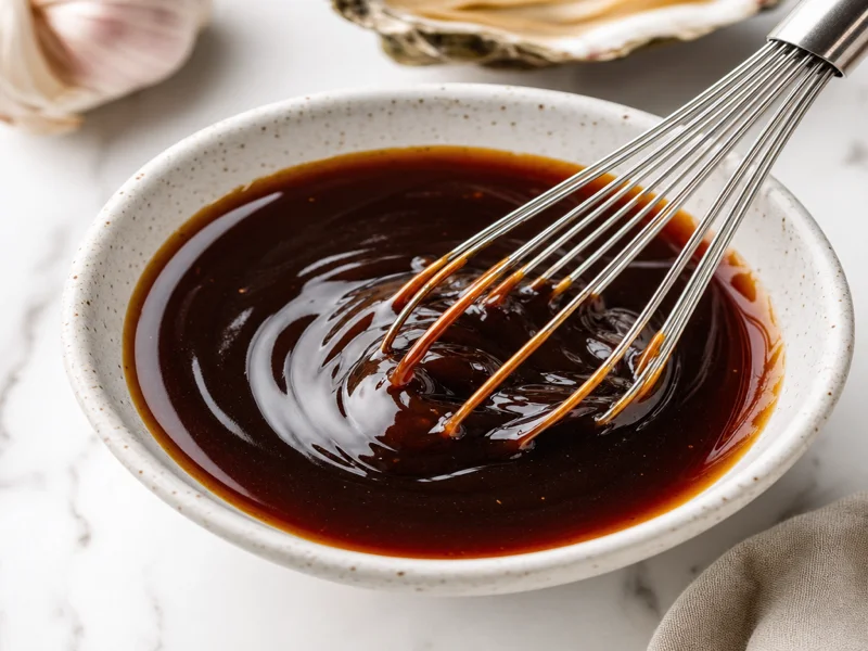 Whisking the glossy soy-oyster sauce mixture in a bowl