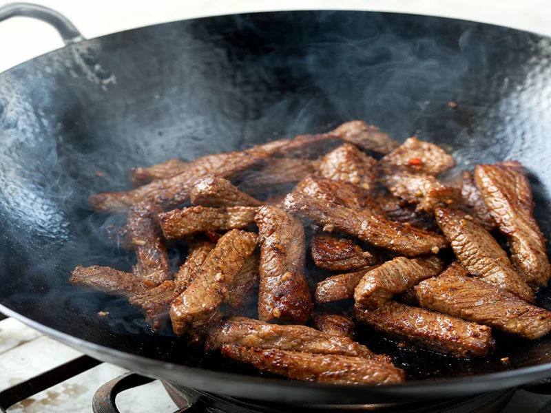 Beef strips searing in a smoking hot wok