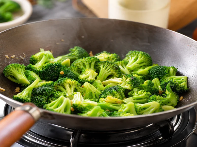 Broccoli florets stir-frying in the wok