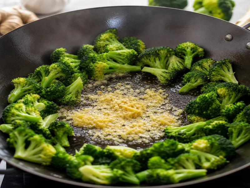 Garlic and ginger sizzling in the center of the wok with broccoli