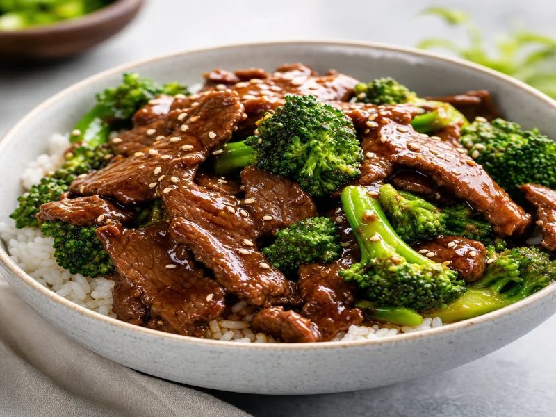 Finished beef and broccoli stir-fry glossy with sauce, served over rice
