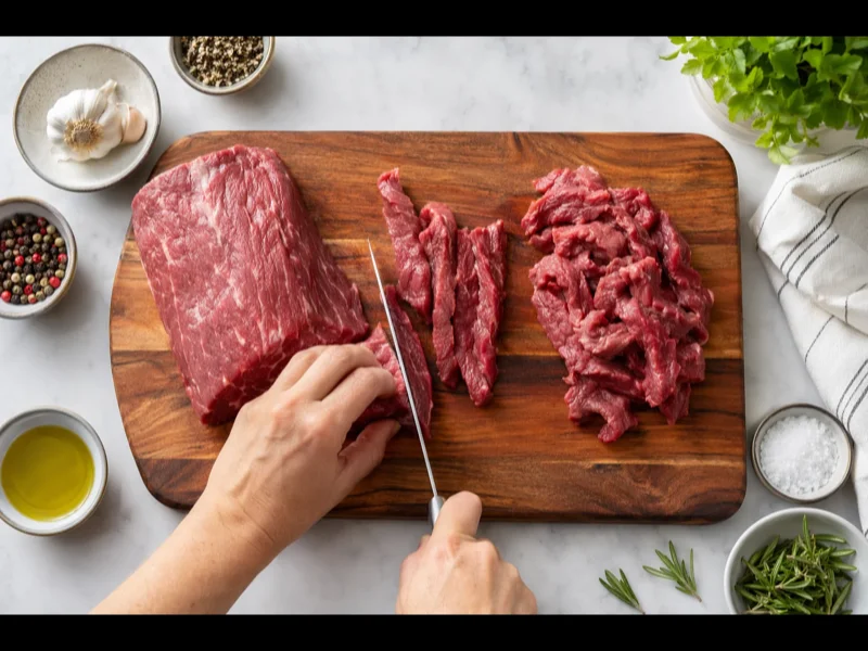 Découpe de l’aloyau de bœuf à contre-fil sur une planche en bois