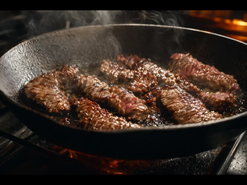 Saisie des lanières de bœuf dans une poêle en fonte chaude jusqu’à coloration