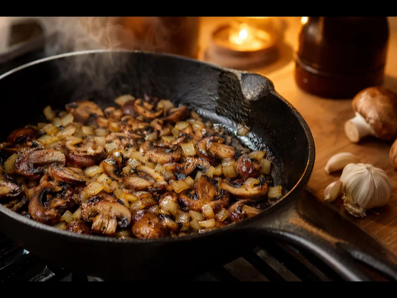 Sauté de champignons émincés et d’oignon en dés dans une poêle en fonte jusqu’à dorure
