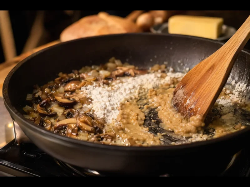 Préparation d’un roux au beurre et à la farine avec les champignons et oignons dans la poêle