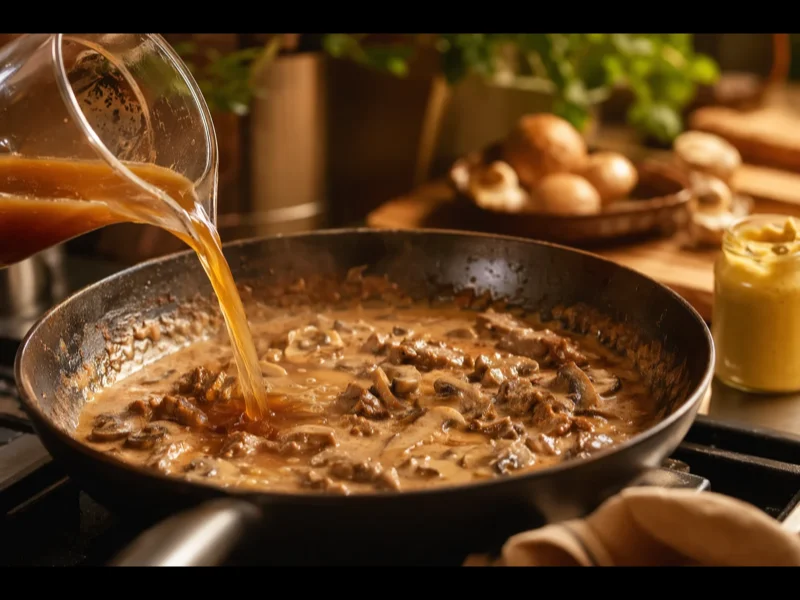 Déglacage de la poêle au bouillon de bœuf et ajout de moutarde et sauce Worcestershire