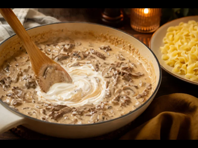Bœuf stroganoff fini avec sauce crémeuse à la crème aigre sur nouilles aux œufs et persil