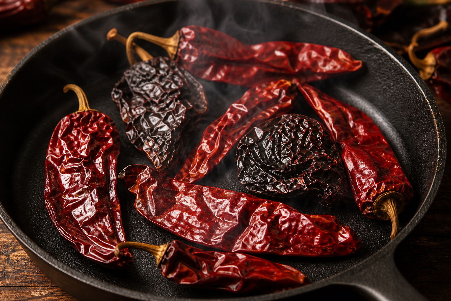 Dried guajillo and ancho chiles toasting in a dry cast iron skillet