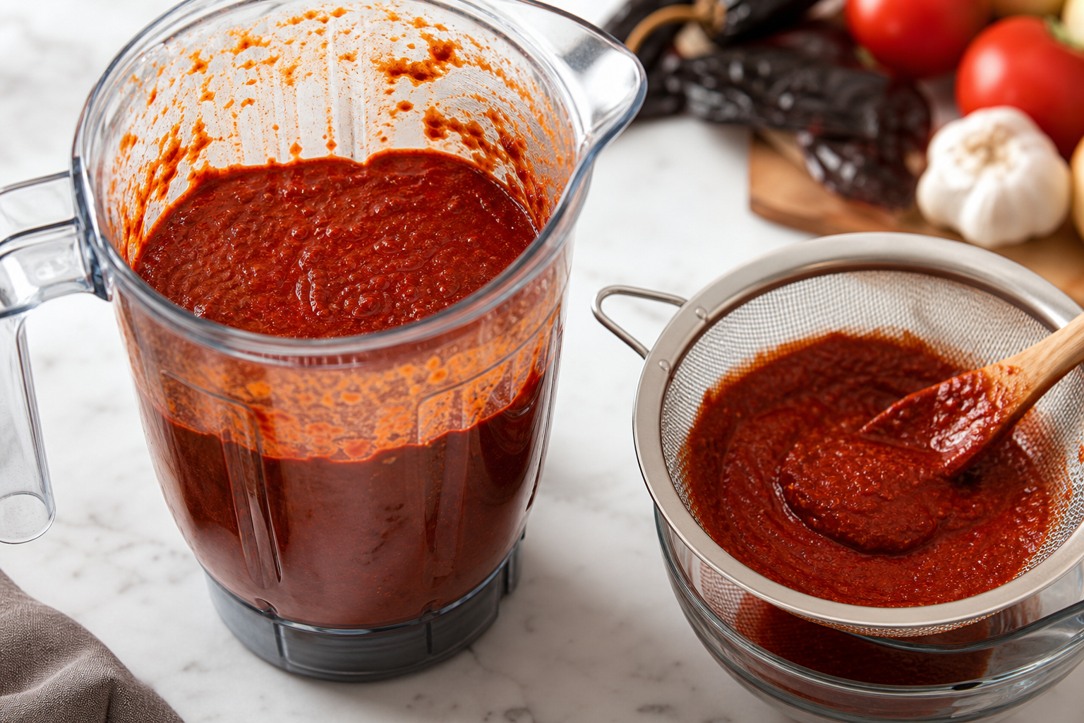 Blending rehydrated chiles with aromatics into a smooth red adobo paste