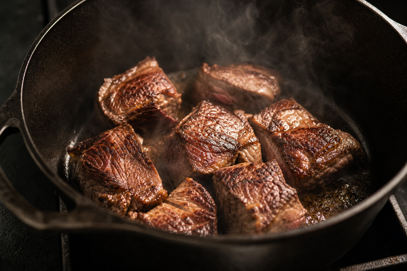 Beef chuck chunks searing in a Dutch oven until deeply browned