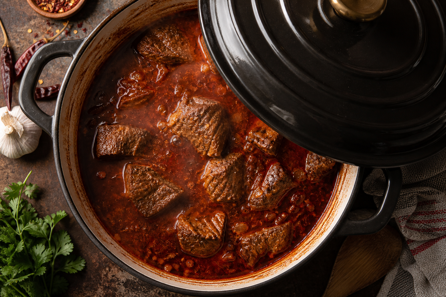 Braising beef in red chili broth in a covered Dutch oven