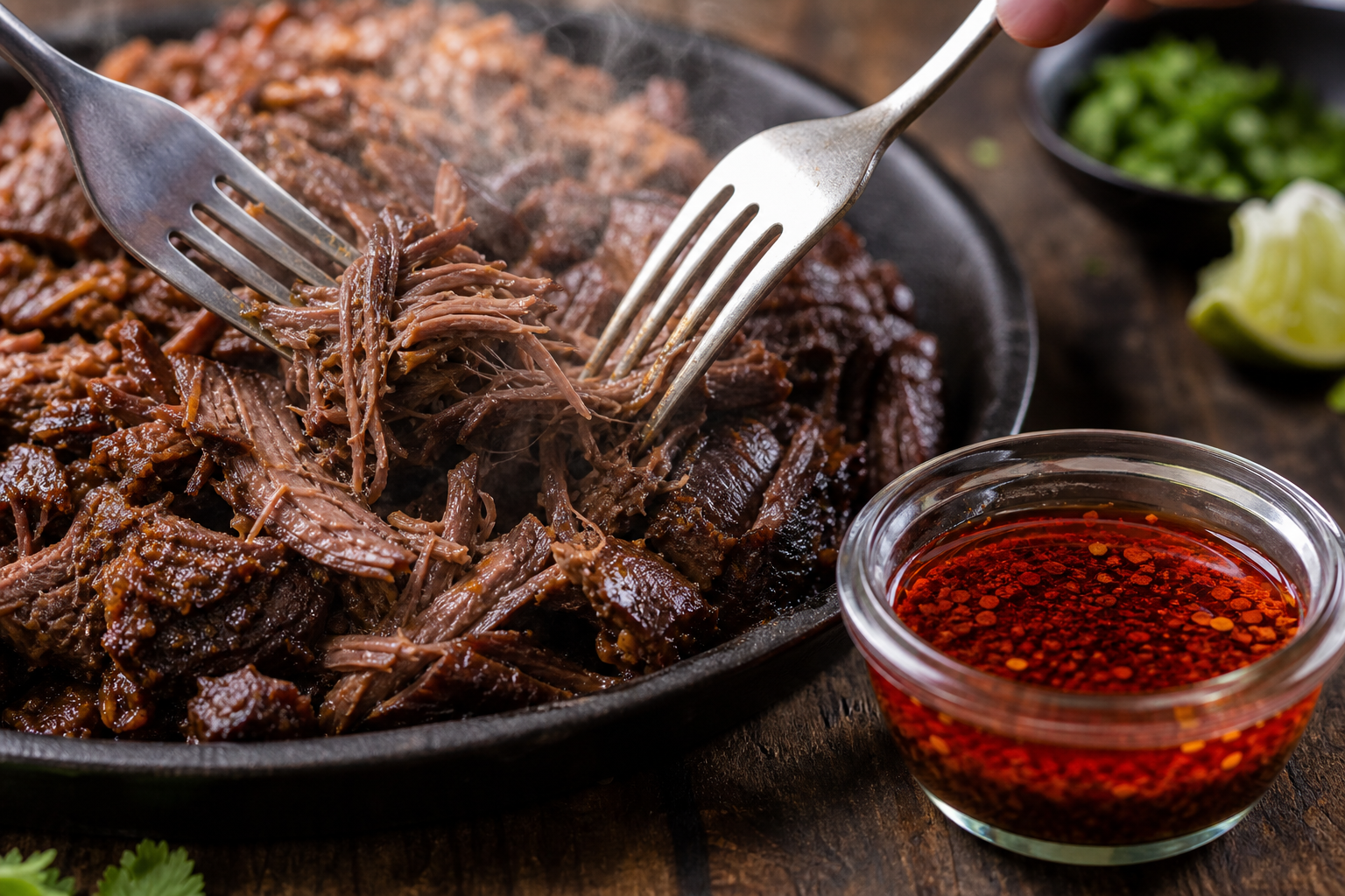 Shredded beef and a bowl of red chili oil skimmed from the braising liquid