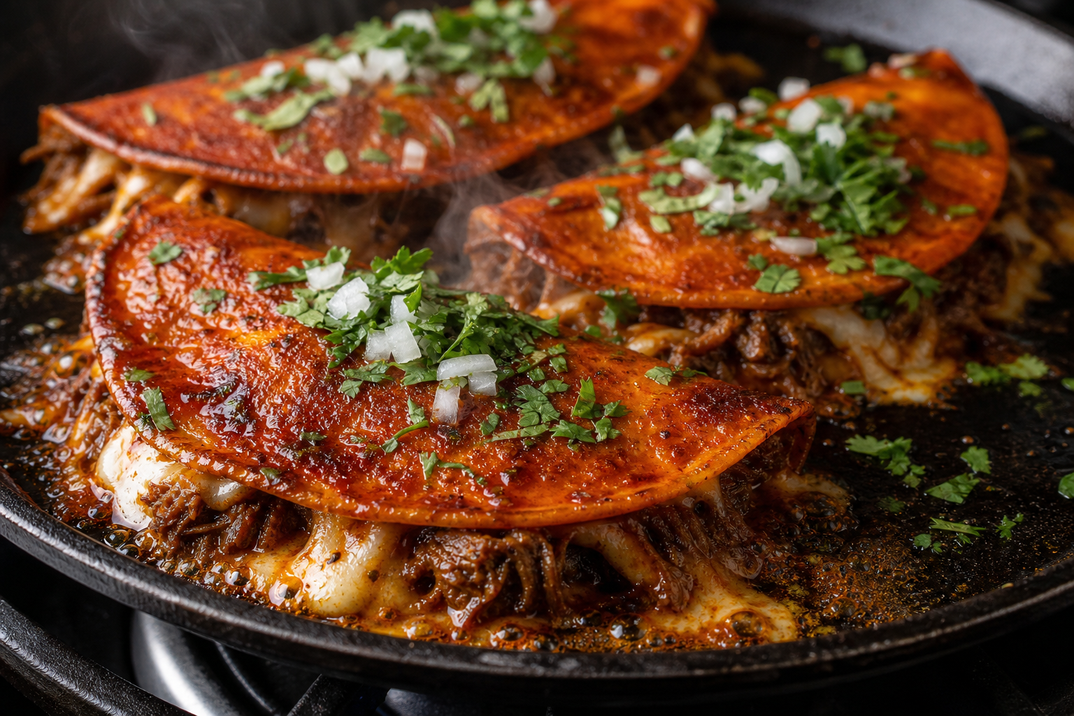 Quesabirria tacos griddled crispy and red with melted oozing cheese