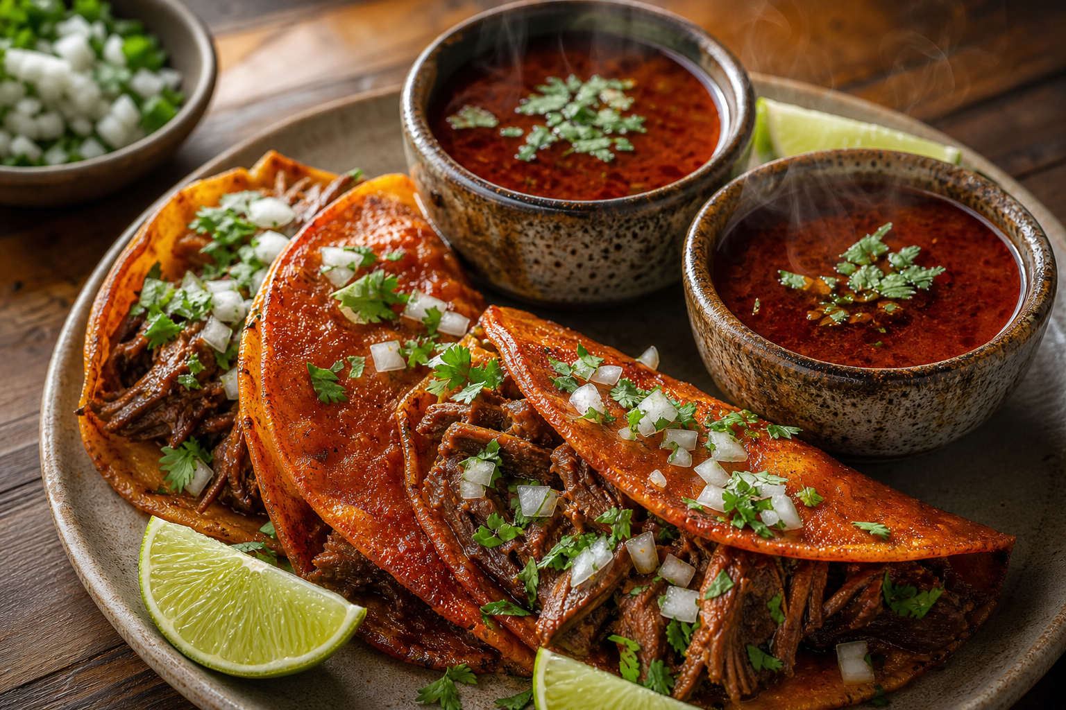 Beef birria tacos served with bowls of red consommé for dipping