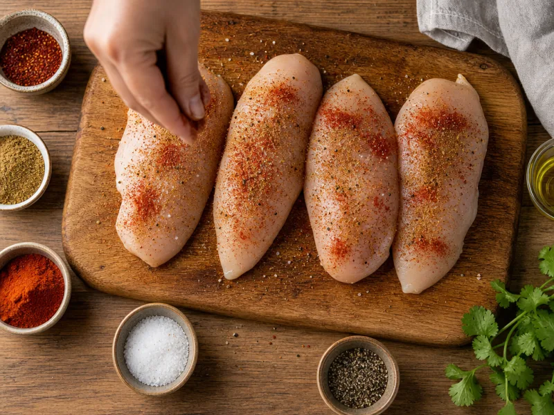 Seasoning raw chicken breasts with chili powder and cumin on a cutting board