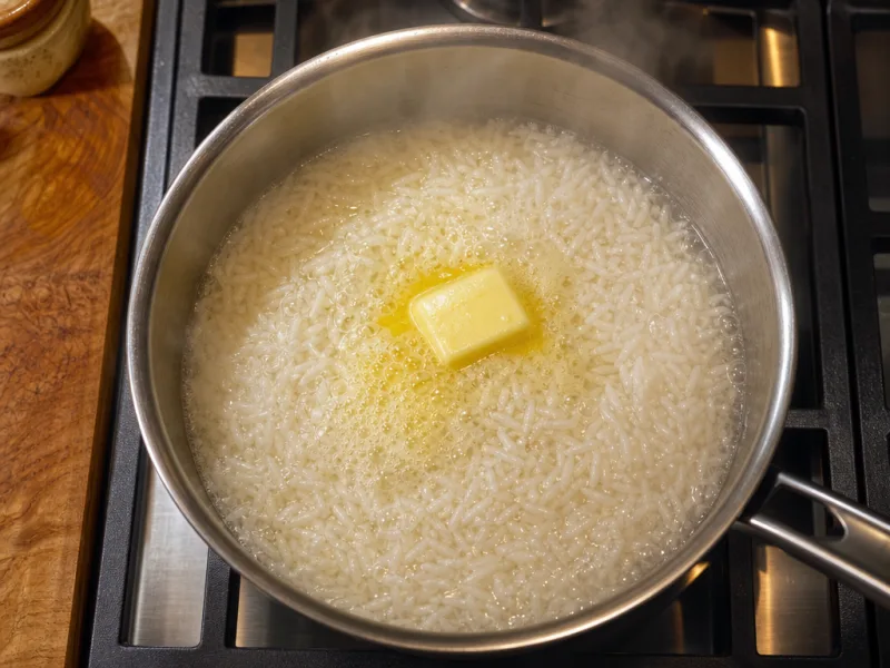 Cooking white rice in a saucepan with butter on stovetop