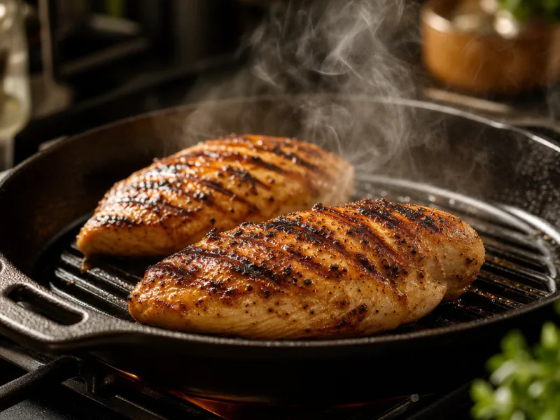Grilling chicken breasts in a cast iron skillet with char marks